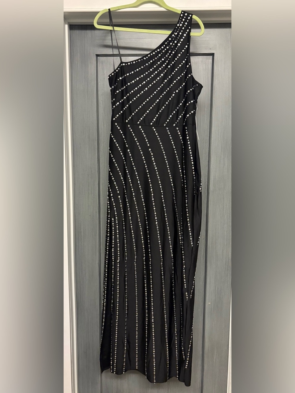 Calvin Klein Black One-Shoulder Midi Dress with Silver Dot Lines